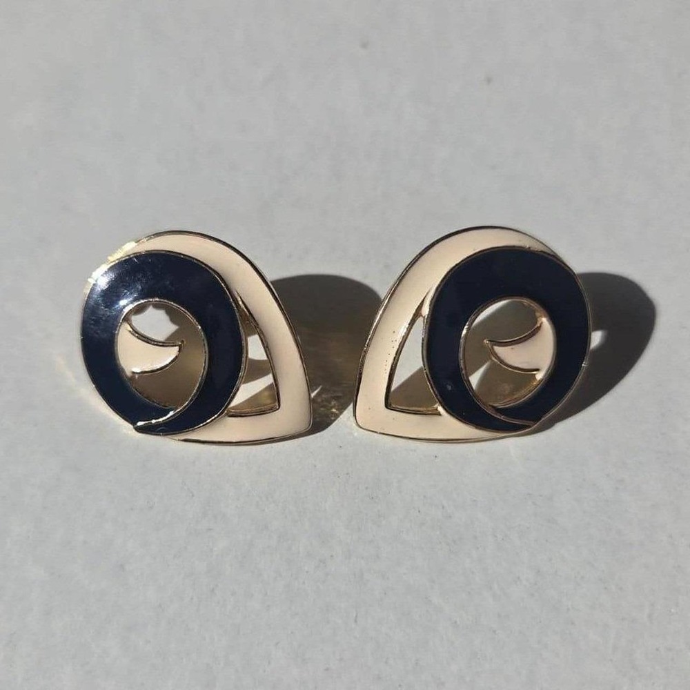 Vintage Stud Earrings Womens Navy Cream Gold Enamel Swirl